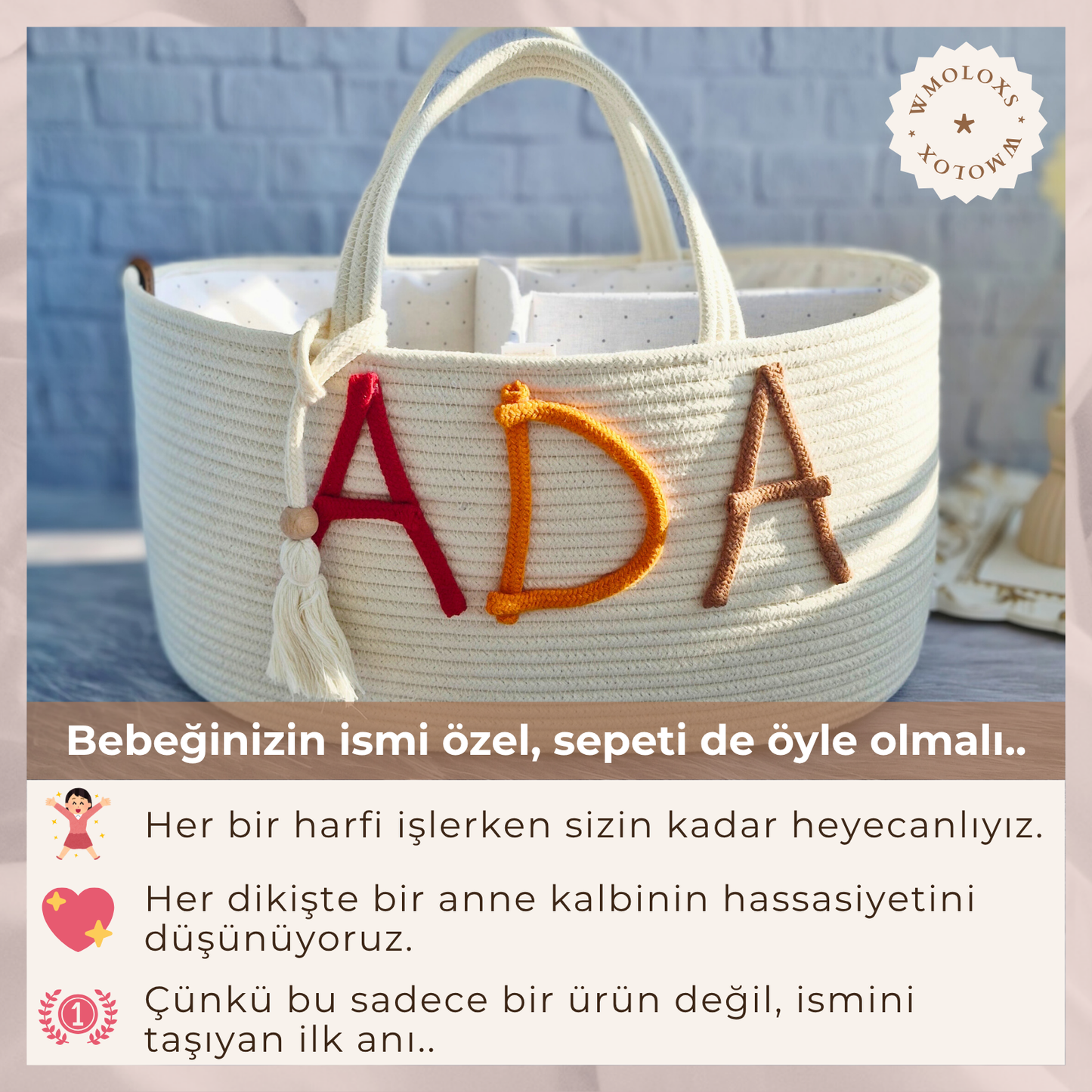 İsme Özel Anne Bebek Bakım Çantası/Sepeti (%100 Pamuk)