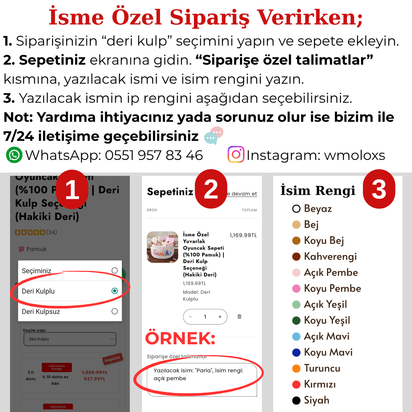 İsme Özel Yuvarlak Oyuncak Sepeti (%100 Pamuk) | Deri Kulp Seçeneği (Hakiki Deri)