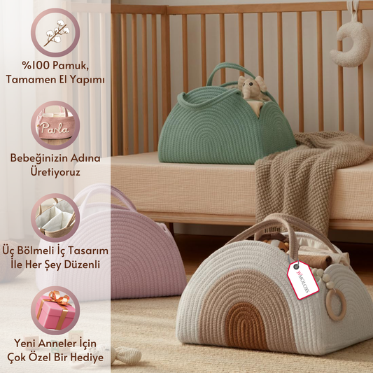 İsme Özel Anne Bebek Bakım Çantası/Sepeti (%100 Pamuk)