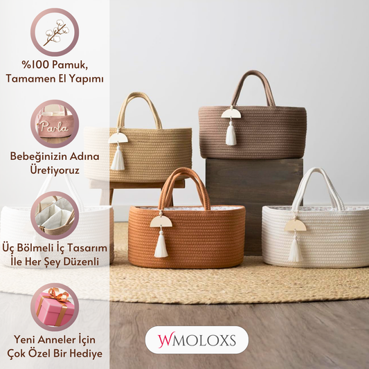İsme Özel Anne Bebek Bakım Çantası/Sepeti (%100 Pamuk)