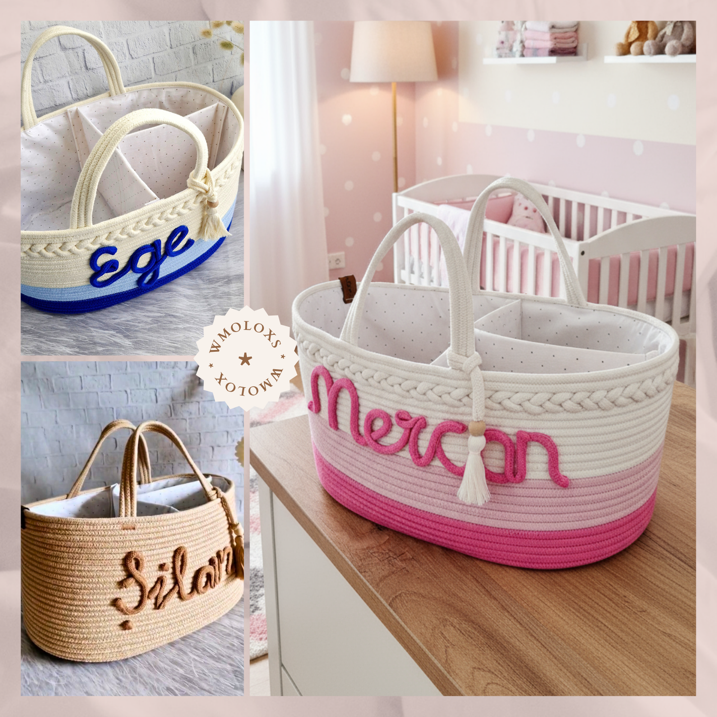 İsme Özel Anne Bebek Bakım Çantası/Sepeti (%100 Pamuk)