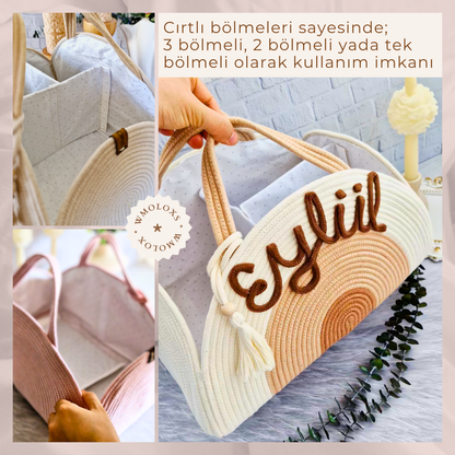İsme Özel Anne Bebek Bakım Çantası/Sepeti (%100 Pamuk)