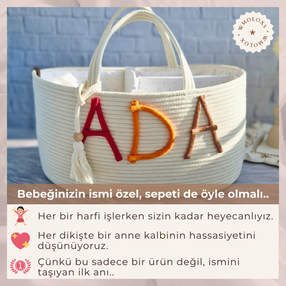 İsme Özel Anne Bebek Bakım Çantası/Sepeti (%100 Pamuk)