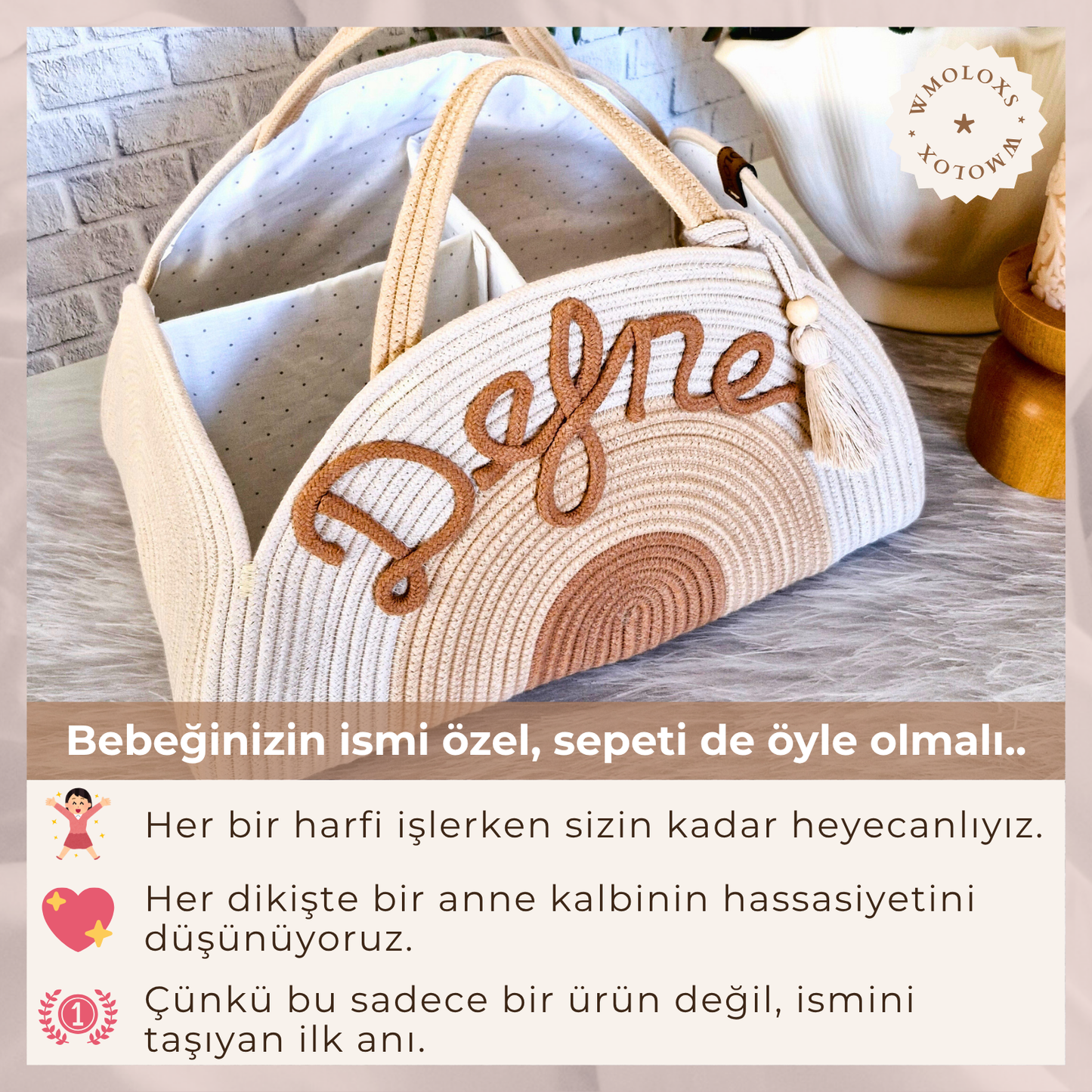İsme Özel Anne Bebek Bakım Çantası/Sepeti (%100 Pamuk)