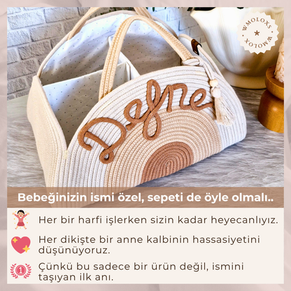 İsme Özel Anne Bebek Bakım Çantası/Sepeti (%100 Pamuk)