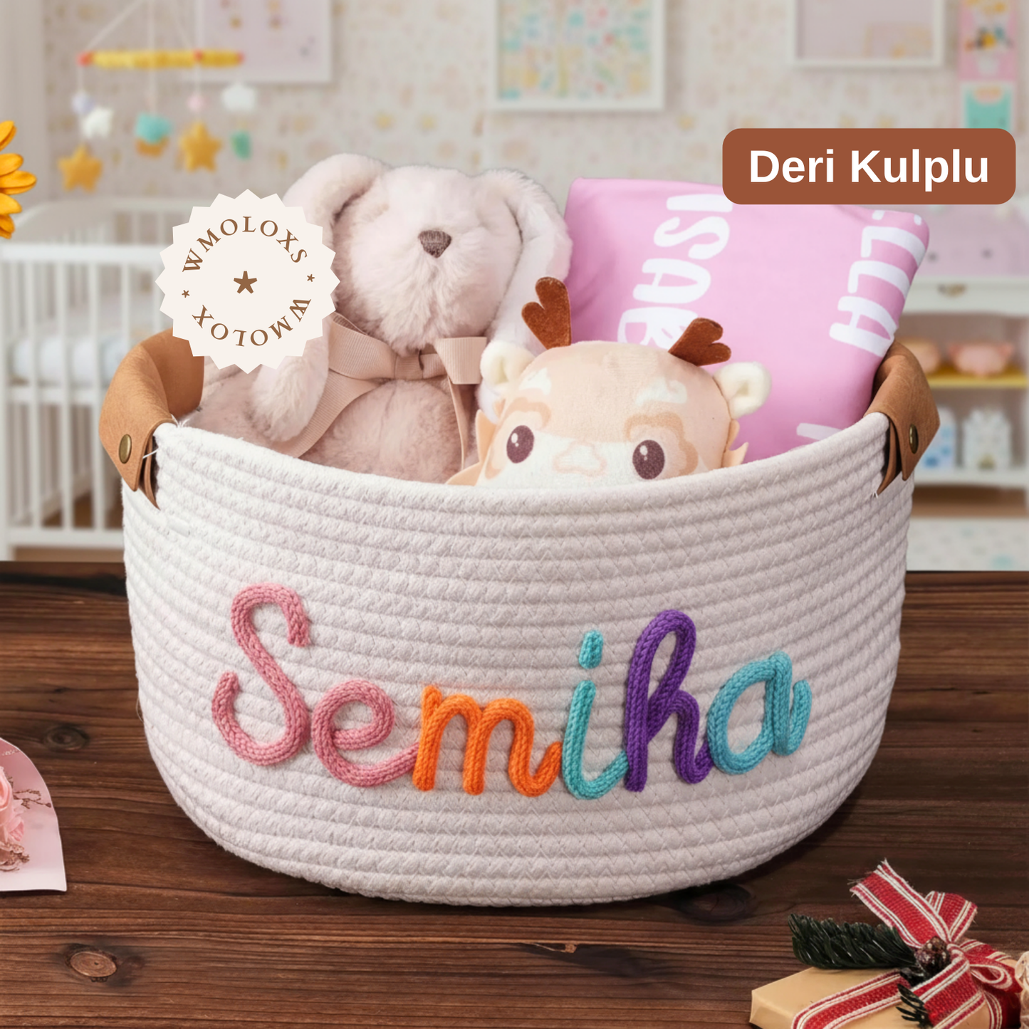 İsme Özel Yuvarlak Oyuncak Sepeti (%100 Pamuk) | Deri Kulp Seçeneği (Hakiki Deri)