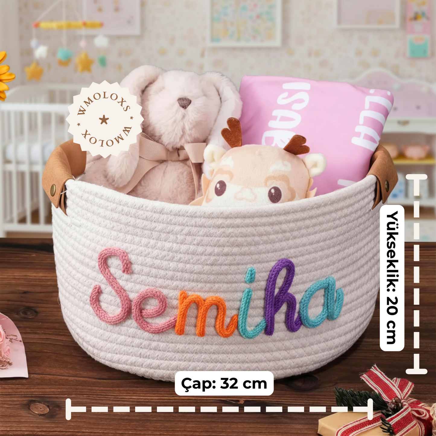 İsme Özel Yuvarlak Oyuncak Sepeti (%100 Pamuk) | Deri Kulp Seçeneği (Hakiki Deri)