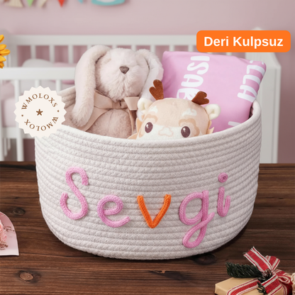 İsme Özel Yuvarlak Oyuncak Sepeti (%100 Pamuk) | Deri Kulp Seçeneği (Hakiki Deri)