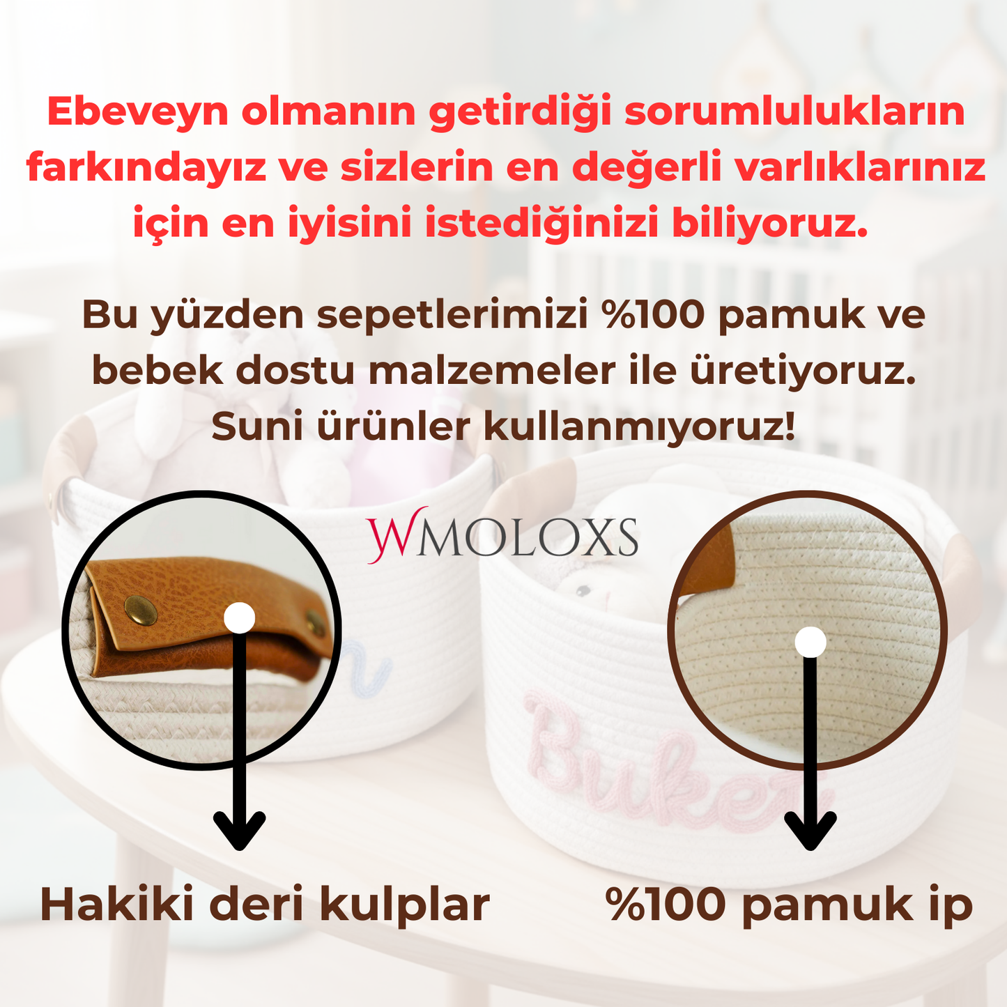 İsme Özel Yuvarlak Oyuncak Sepeti (%100 Pamuk) | Deri Kulp Seçeneği (Hakiki Deri)