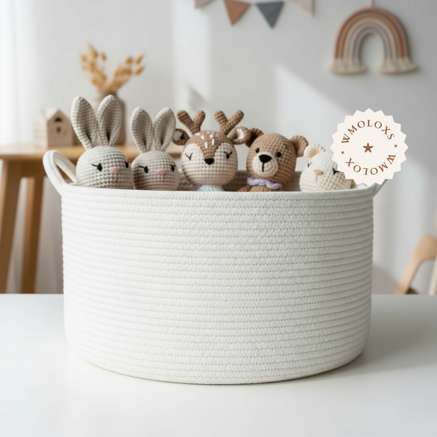 İsme Özel Yuvarlak Oyuncak Sepeti (%100 Pamuk) | Deri Kulp Seçeneği (Hakiki Deri)