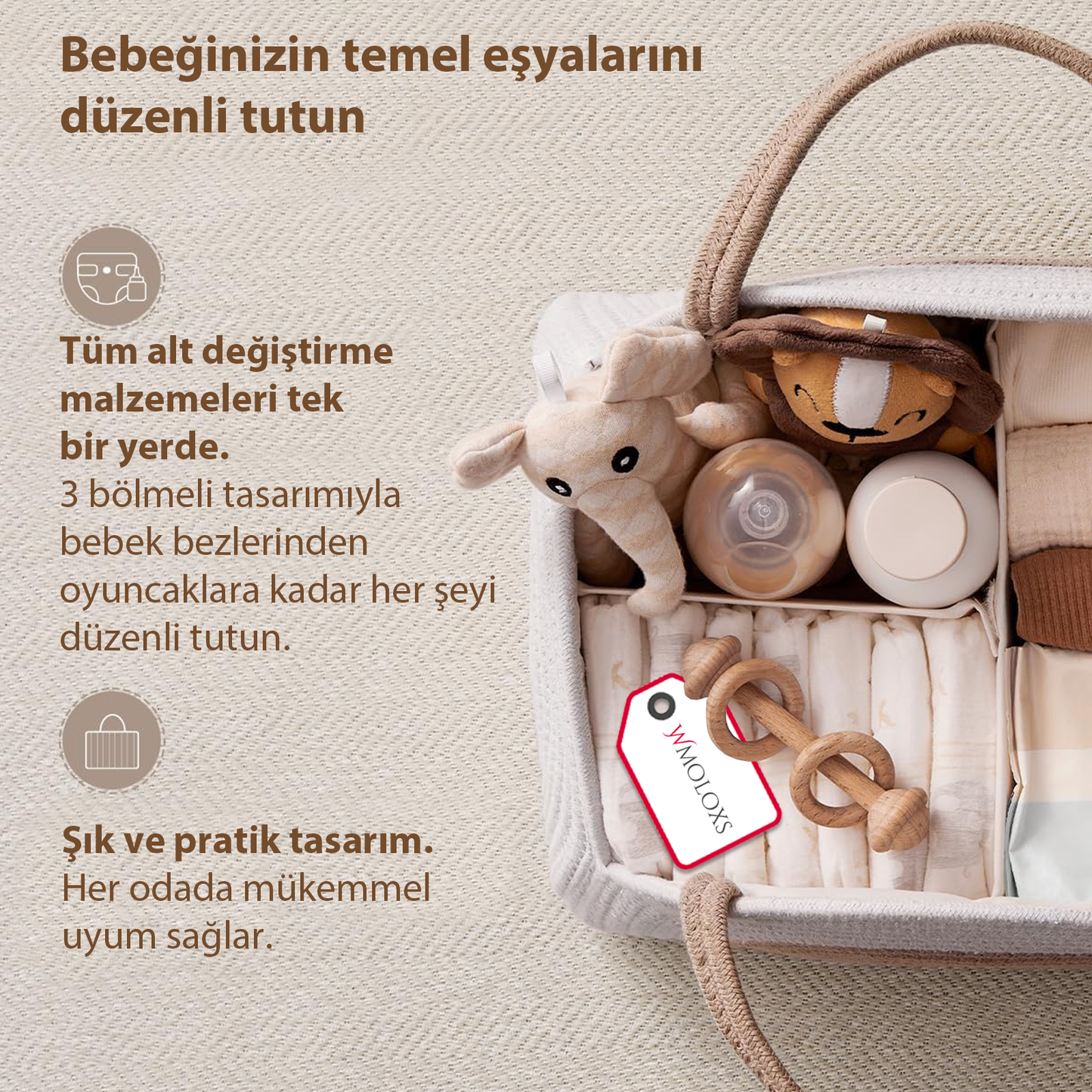 İsme Özel Anne Bebek Bakım Çantası/Sepeti (%100 Pamuk)