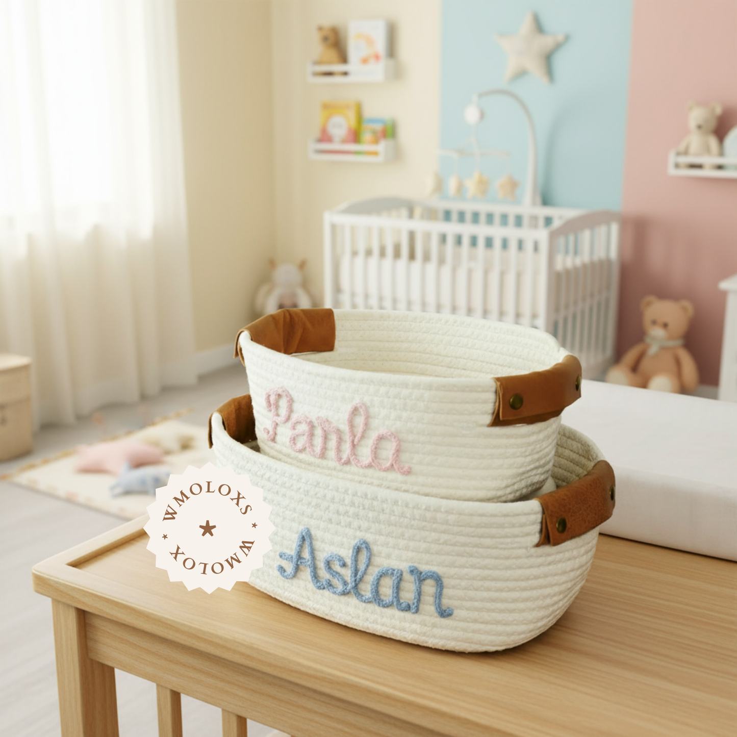İsme Özel Oyuncak Sepeti (%100 Pamuk) | Deri Kulp Seçeneği (Hakiki Deri)