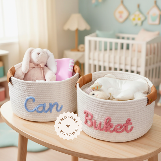 İsme Özel Yuvarlak Oyuncak Sepeti (%100 Pamuk) | Deri Kulp Seçeneği (Hakiki Deri)