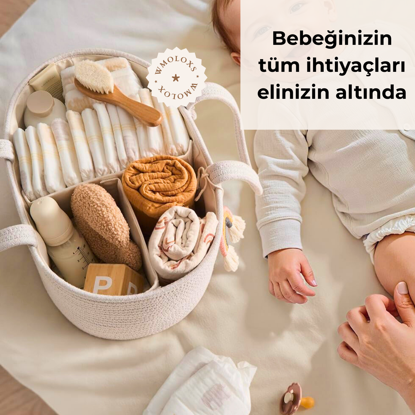 İsme Özel Anne Bebek Bakım Çantası/Sepeti (%100 Pamuk)