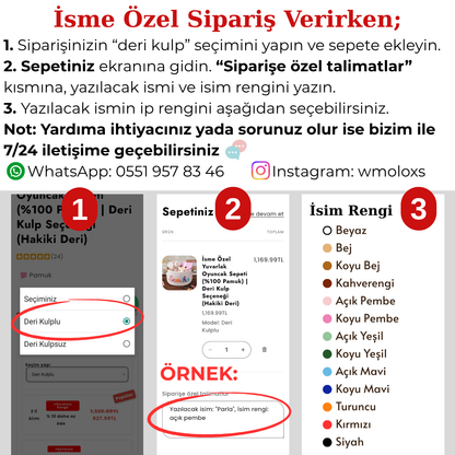 İsme Özel Yuvarlak Oyuncak Sepeti (%100 Pamuk) | Deri Kulp Seçeneği (Hakiki Deri)